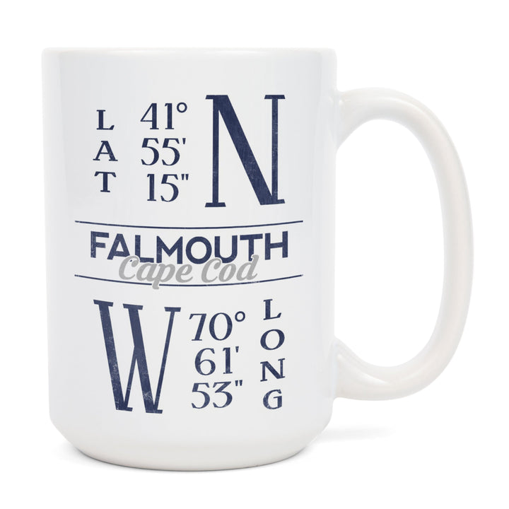 Falmouth, Cape Cod, Massachusetts, Latitude & Longitude (Blue), Lantern Press Artwork, Ceramic Mug Mugs Lantern Press 