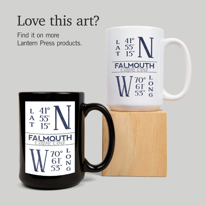 Falmouth, Cape Cod, Massachusetts, Latitude & Longitude (Blue), Lantern Press Artwork, Ceramic Mug Mugs Lantern Press 