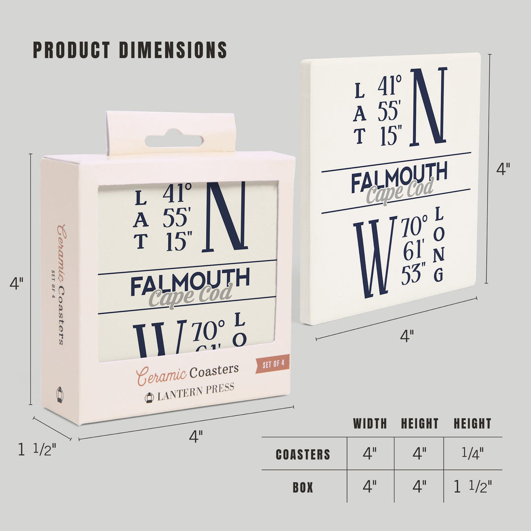 Falmouth, Cape Cod, Massachusetts, Latitude & Longitude (Blue), Lantern Press Artwork, Coaster Set - Lantern Press