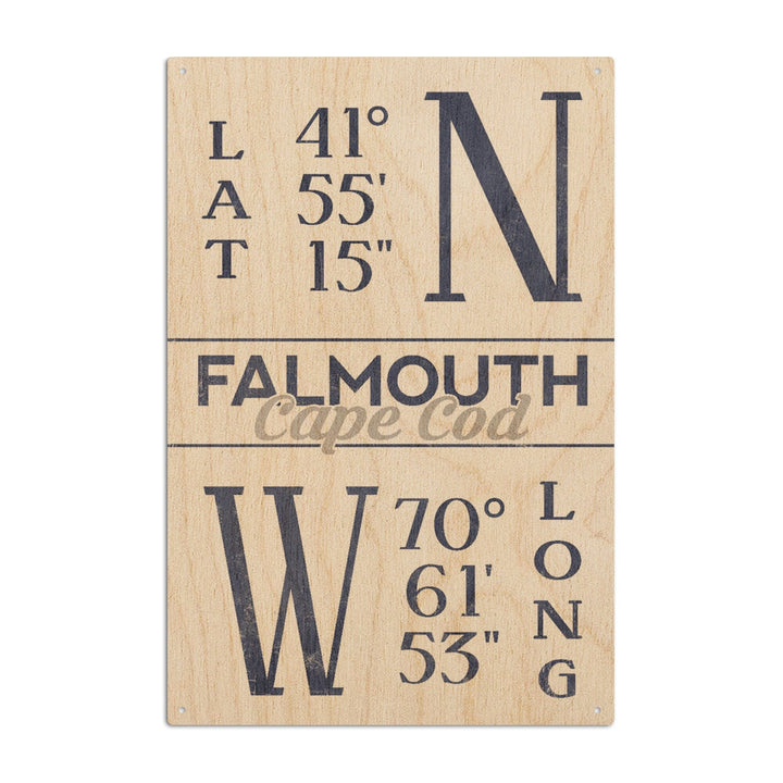 Falmouth, Cape Cod, Massachusetts, Latitude & Longitude (Blue), Lantern Press Artwork, Wood Signs and Postcards Wood Lantern Press 10 x 15 Wood Sign 