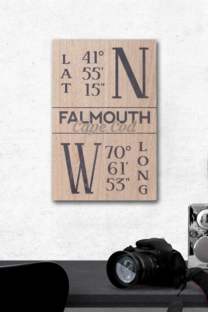 Falmouth, Cape Cod, Massachusetts, Latitude & Longitude (Blue), Lantern Press Artwork, Wood Signs and Postcards Wood Lantern Press 12 x 18 Wood Gallery Print 