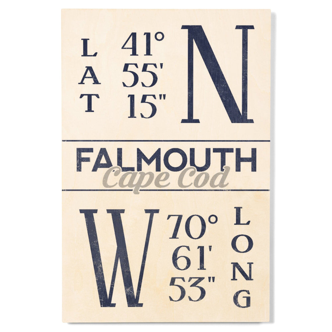 Falmouth, Cape Cod, Massachusetts, Latitude & Longitude (Blue), Lantern Press Artwork, Wood Signs and Postcards Wood Lantern Press 