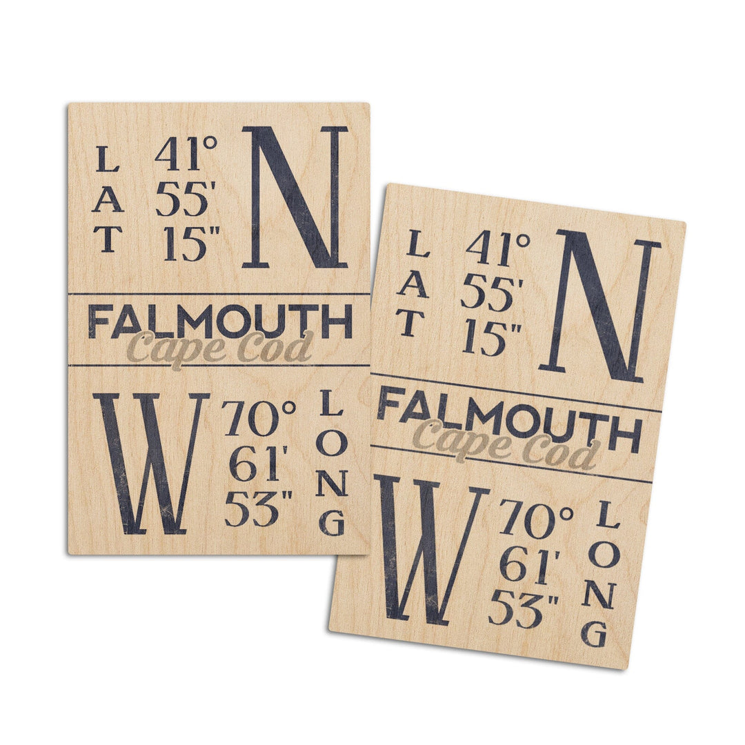 Falmouth, Cape Cod, Massachusetts, Latitude & Longitude (Blue), Lantern Press Artwork, Wood Signs and Postcards Wood Lantern Press 4x6 Wood Postcard Set 