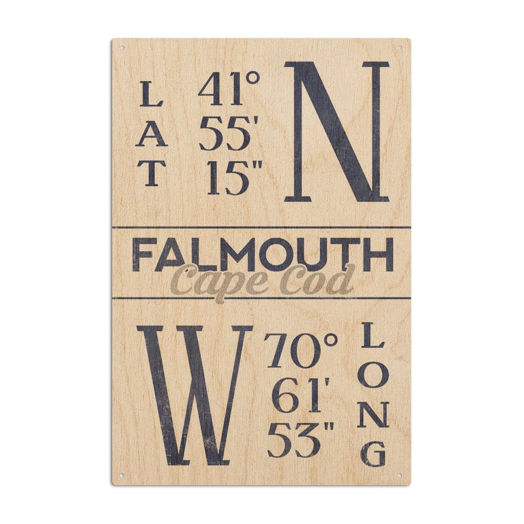 Falmouth, Cape Cod, Massachusetts, Latitude & Longitude (Blue), Lantern Press Artwork, Wood Signs and Postcards Wood Lantern Press 6x9 Wood Sign 