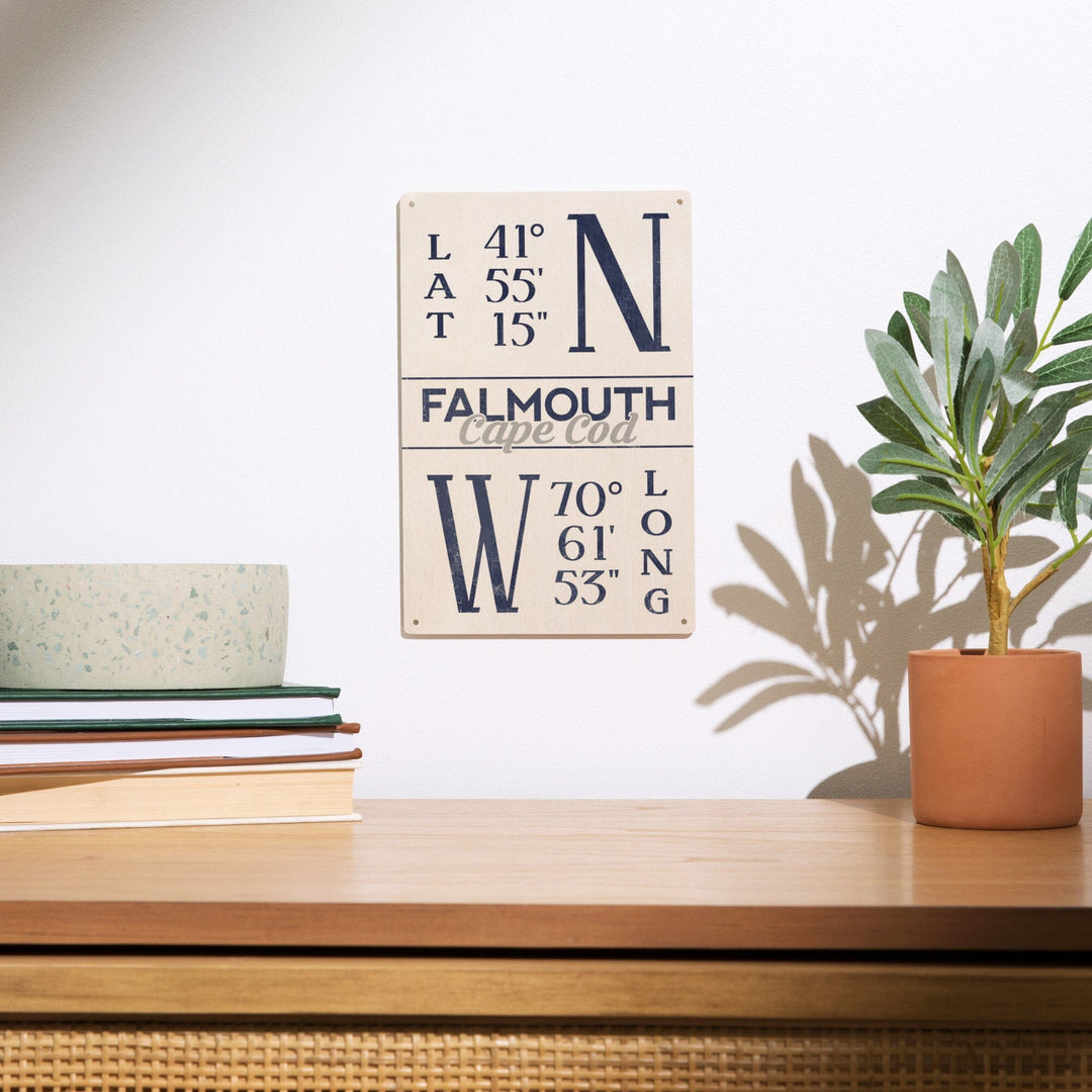 Falmouth, Cape Cod, Massachusetts, Latitude & Longitude (Blue), Lantern Press Artwork, Wood Signs and Postcards Wood Lantern Press 