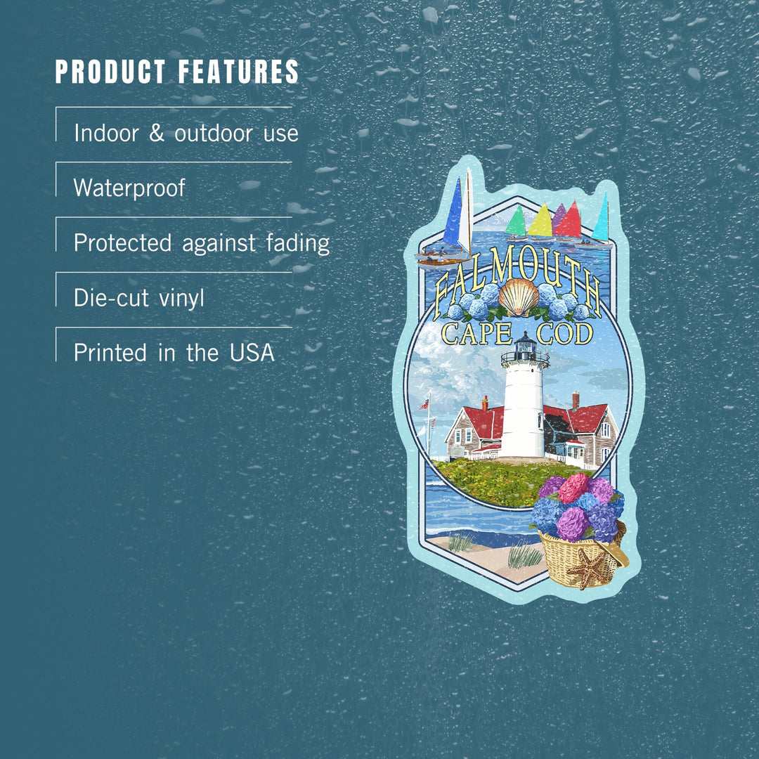 Falmouth, Massachusetts, Cape Cod, Montage, Contour, Lantern Press Artwork, Vinyl Sticker - Lantern Press