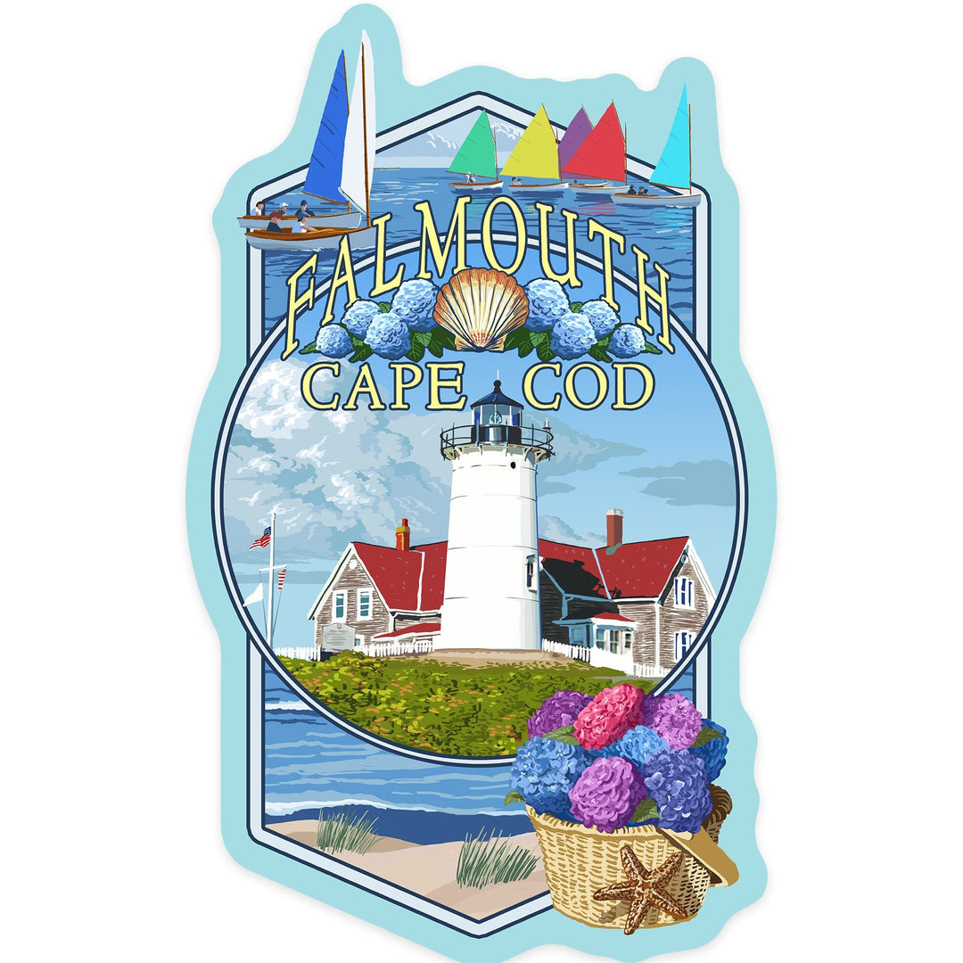 Falmouth, Massachusetts, Cape Cod, Montage, Contour, Lantern Press Artwork, Vinyl Sticker - Lantern Press