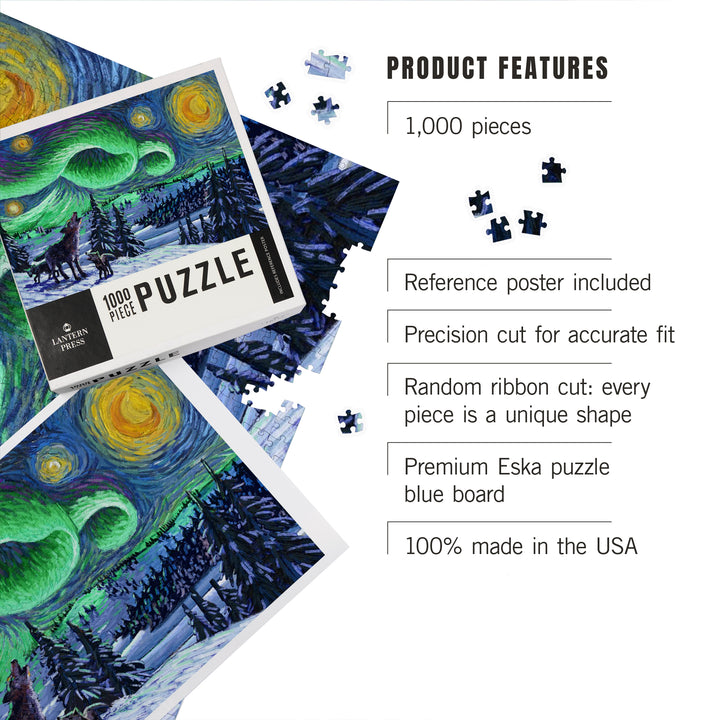 Starry Night, Northern Lights with Wolf and Cubs, 1000 Piece Jigsaw Puzzle