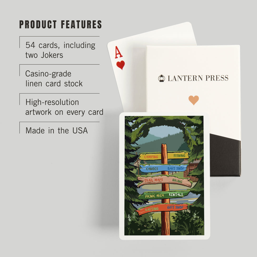Playing Cards, Signpost, Forest and Camp, 52 Card Deck with Jokers in Box, Unique Art