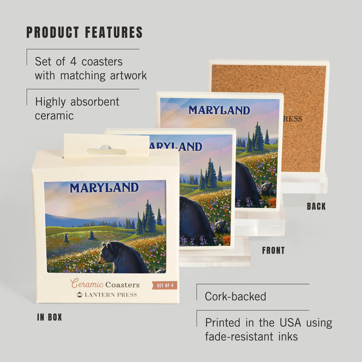 Maryland, Lithograph, Bear Family in Field, Coasters