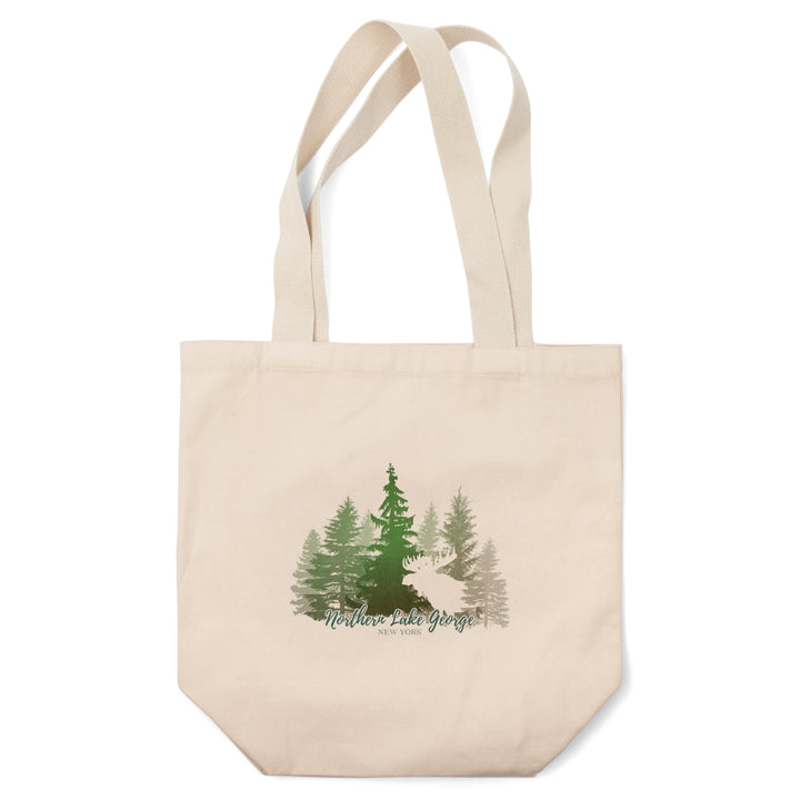Northern Lake George, New York, Moose & Mountains, Green Tones, Lantern Press Artwork, Tote Bag