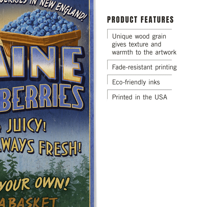 Maine, Blueberries Vintage Sign, Wood Sign and Postcards