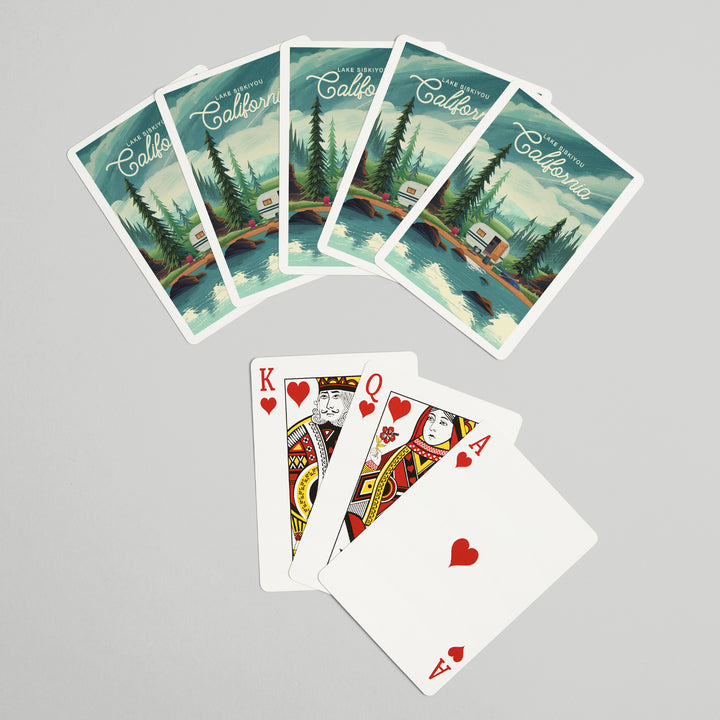 Playing Cards, Lake Siskiyou, California, Outdoor Activity, At Home Anywhere, Camper in Evergreens, 52 Card Deck with Jokers in Box, Unique Art