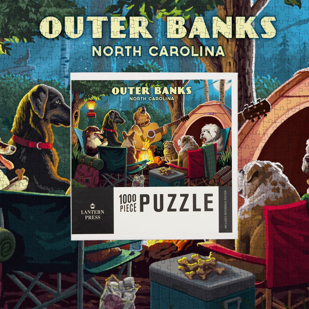 Outer Banks, North Carolina, Painterly, Pack Life, Dogs Around Campfire, Jigsaw Puzzle