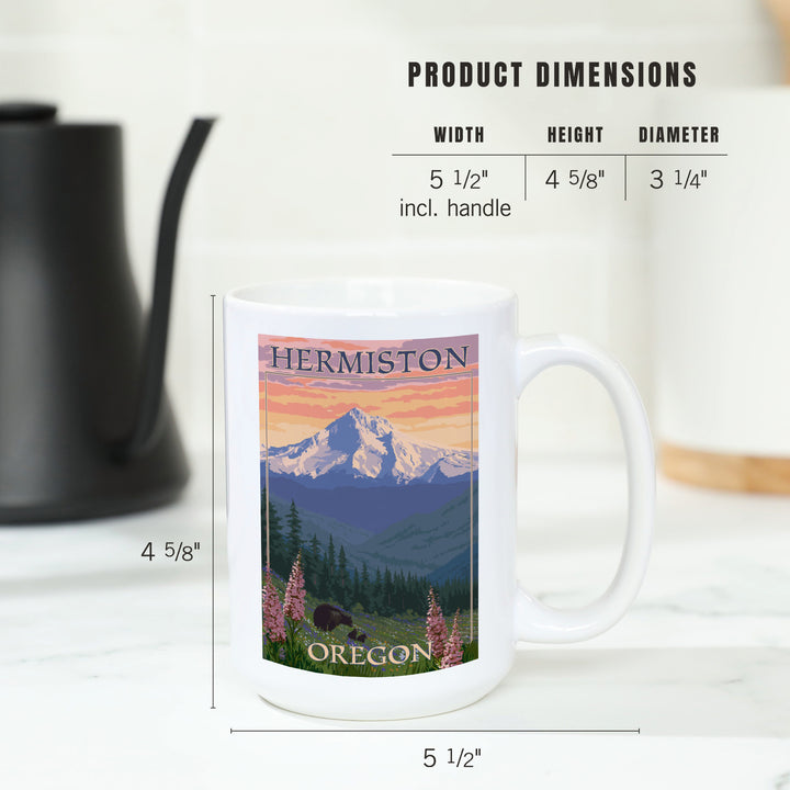Hermiston, Oregon, Bear Family & Spring Flowers, Lantern Press Artwork, Ceramic Mug