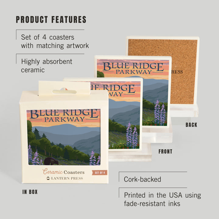 Blue Ridge Parkway, Virginia, Bear Family and Spring Flowers, Coasters