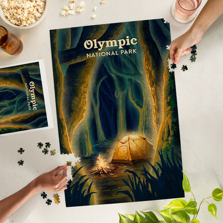Olympic National Park, Hoh Rainforest Camping at Night, Lithograph, 1000 Piece Jigsaw Puzzle