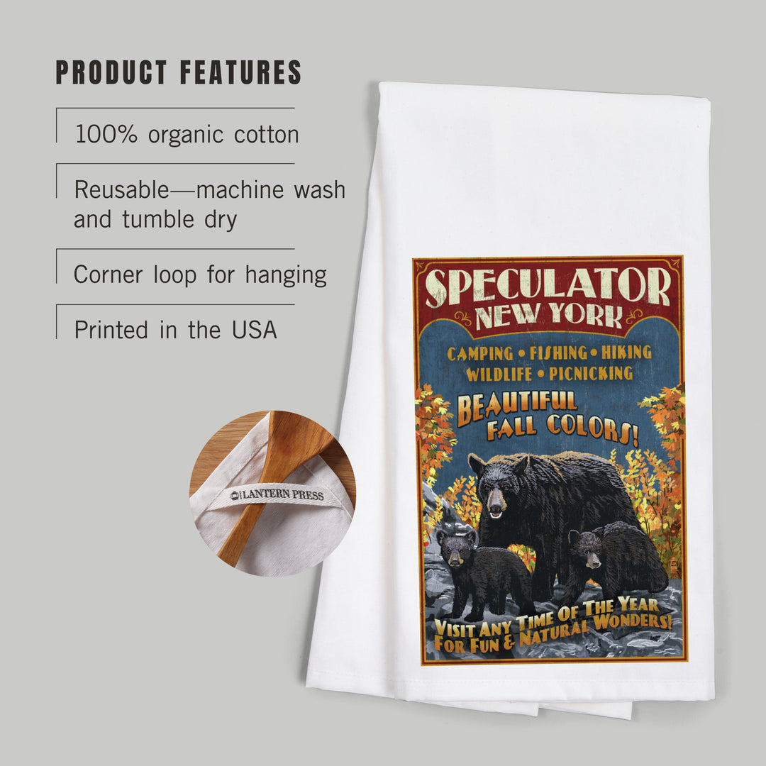Speculator, New York, Black Bear Family Vintage Sign, Organic Cotton Kitchen Tea Towels