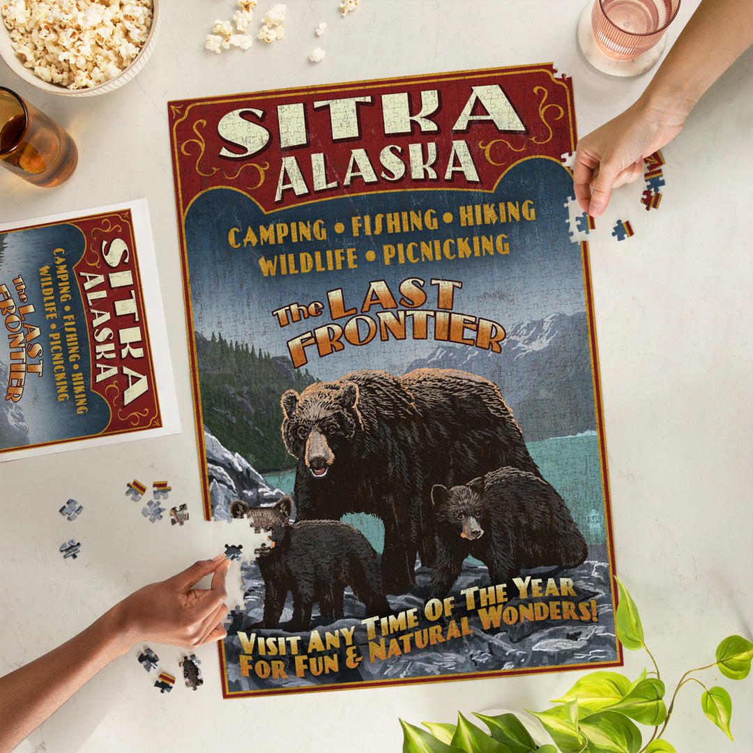 Sitka, Alaska, Black Bear Family Vintage Sign, Jigsaw Puzzle