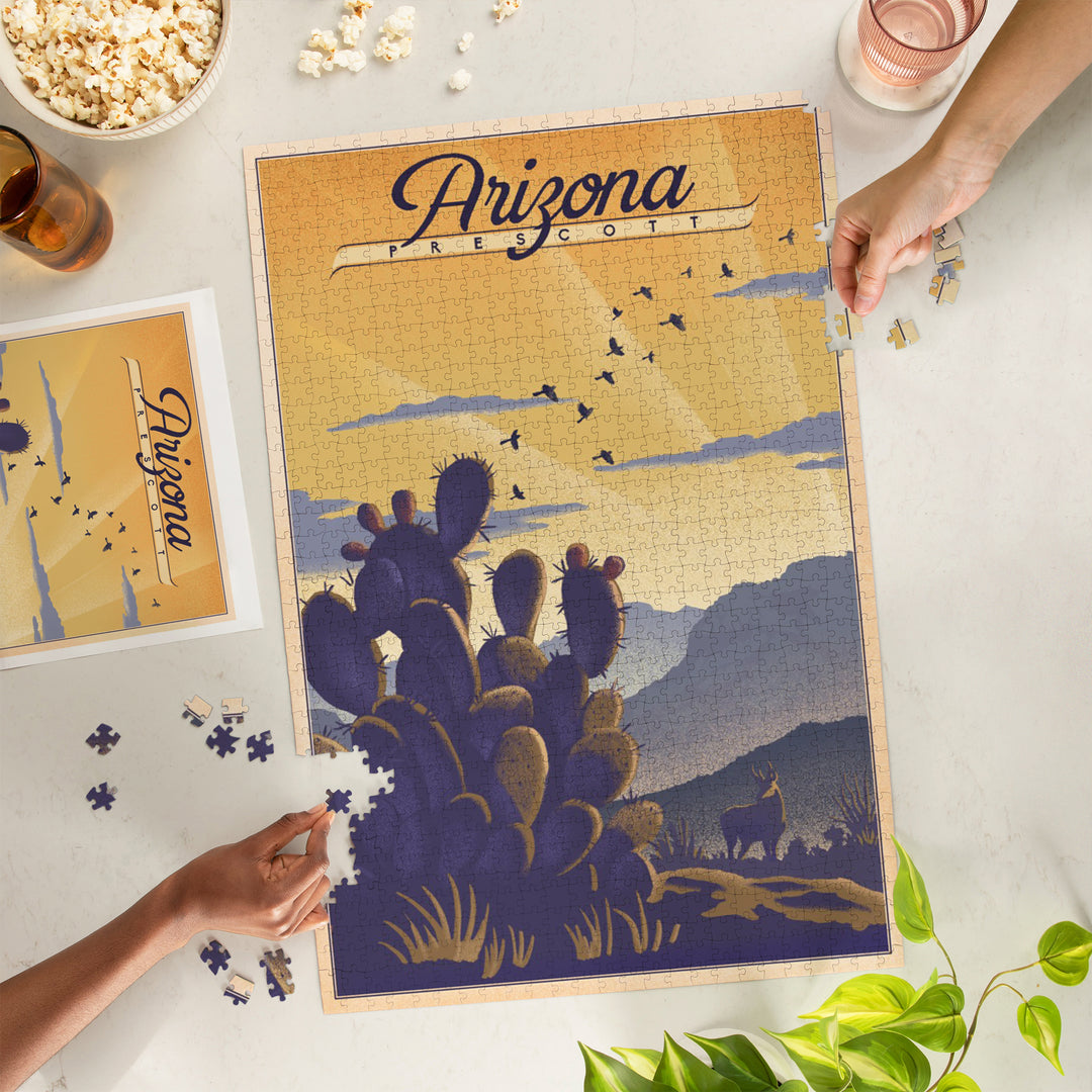Prescott, Arizona, Lithograph, Cactus and Desert Scene, Jigsaw Puzzle