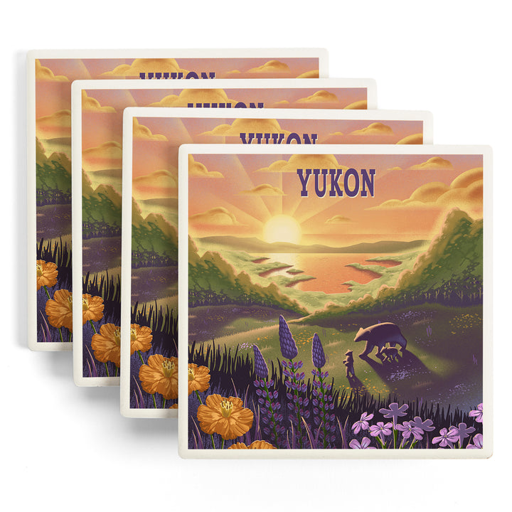 Yukon, Lithograph, Bear and Spring Flowers, Lake, Coasters