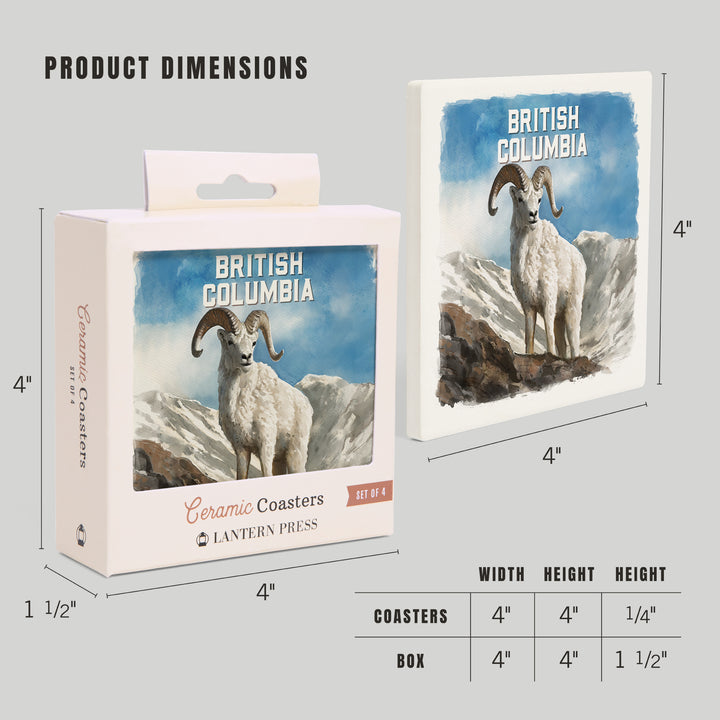 British Columbia, Watercolor Study, Dall Sheep, Coaster Set