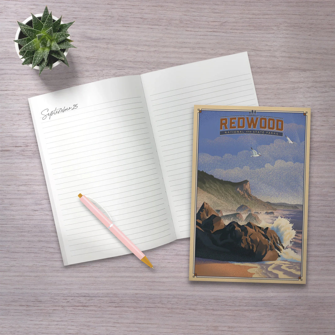 Lined 6x9 Journal, Redwood National and State Parks, California, Lithograph National Park Series, Lay Flat, 193 Pages, FSC paper