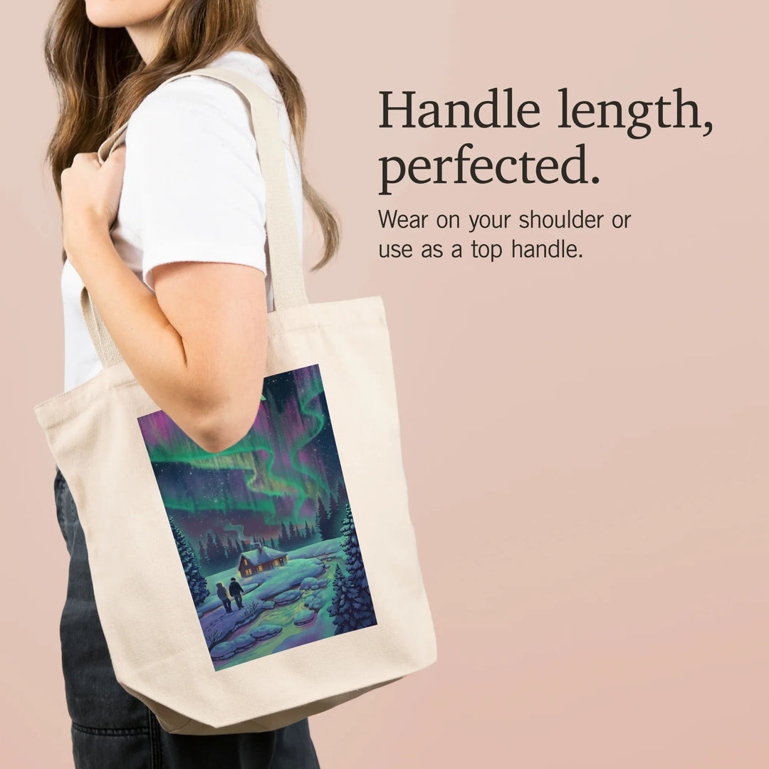 Alaska, Lithograph, Northern Lights and Cabin, Tote Bag