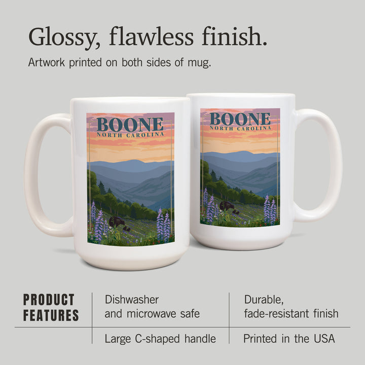 Boone, North Carolina, Bear and Spring Flowers, Lantern Press Artwork, Ceramic Mug