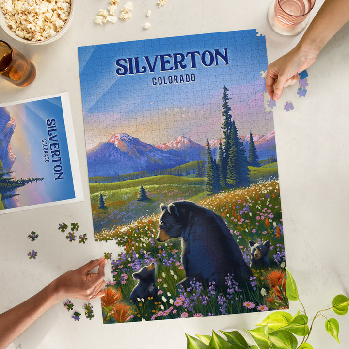 Silverton, Colorado, Lithograph, Bear Family in Field, Jigsaw Puzzle