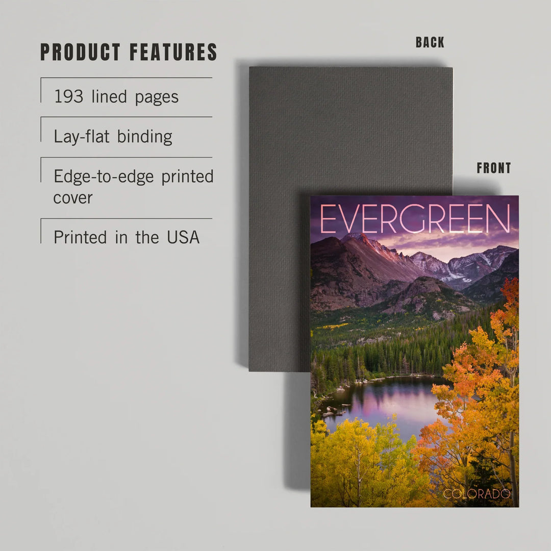Lined 6x9 Journal, Evergreen, Colorado, Rocky Mountain National Park, Purple Sunset and Lake, Photography, Lay Flat, 193 Pages, FSC paper