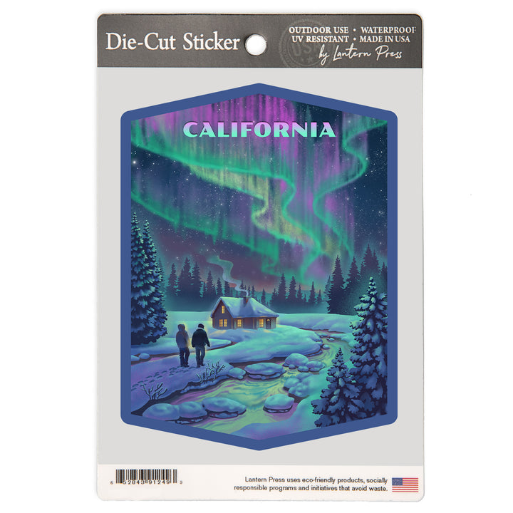 California, Northern Lights and Cabin, Vinyl Sticker