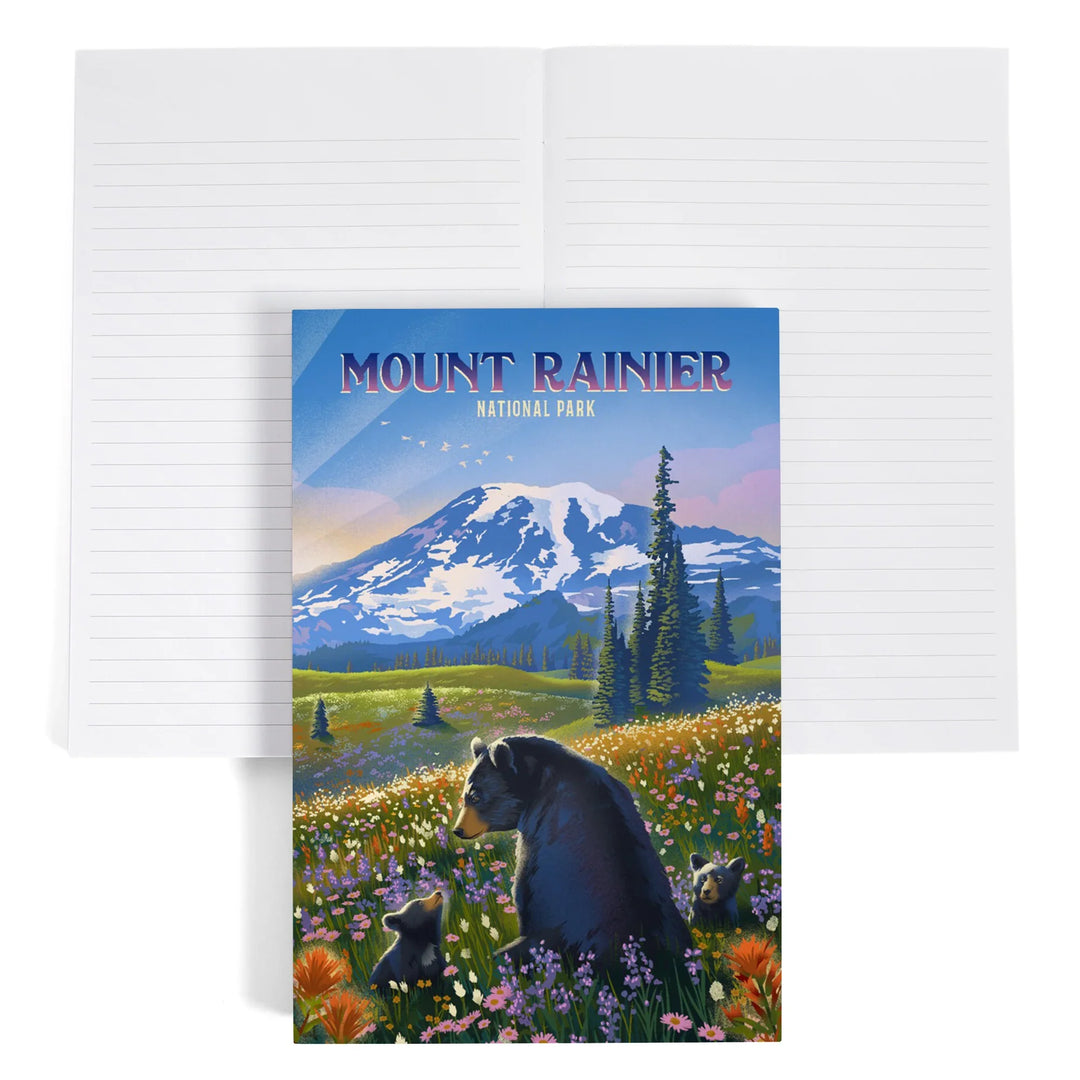 Lined 6x9 Journal, Mount Rainier National Park, Washington, Painterly, Bear Family in Field, Lay Flat, 193 Pages, FSC paper