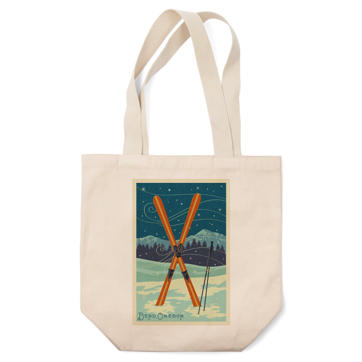 Bend, Oregon, Crossed Skis, Letterpress, Lantern Press Artwork, Tote Bag