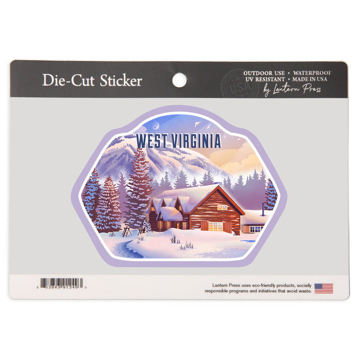 West Virginia, Lithograph, Mountain Lodge, Winter Scene, Vinyl Sticker