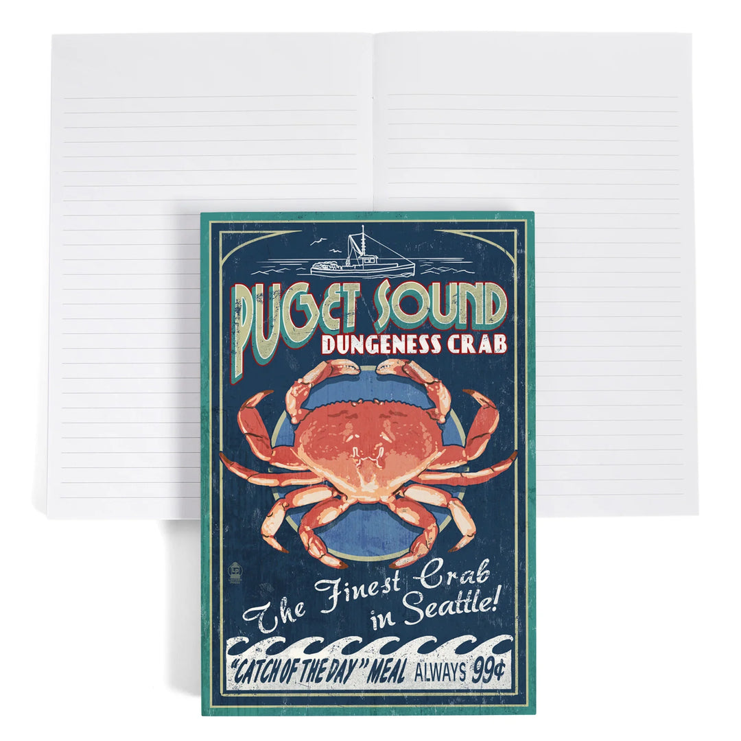Lined 6x9 Journal, Seattle, Washington, Dungeness Crab Vintage Sign, Lay Flat, 193 Pages, FSC paper