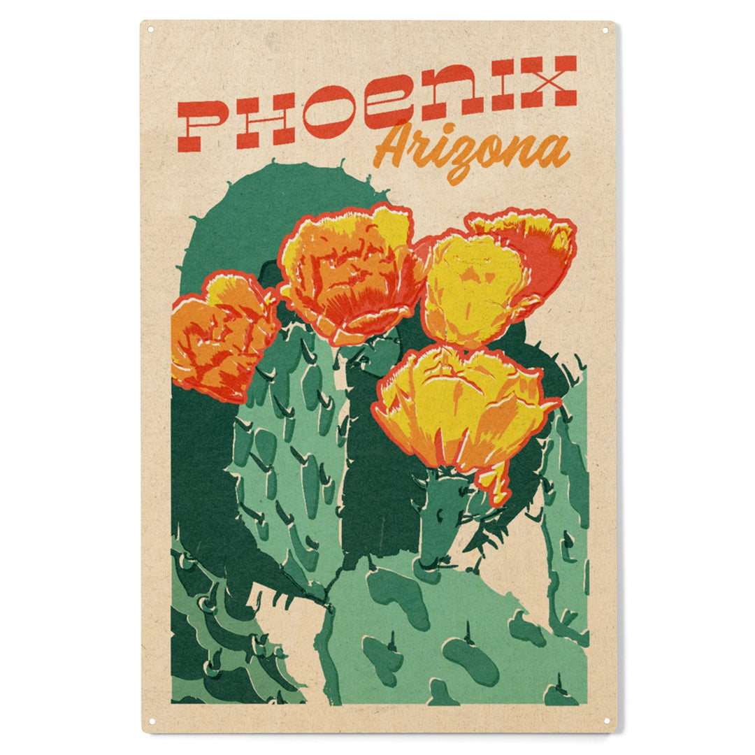 Phoenix, Arizona, Woodblock City Series, Cactus, Wood Sign and Postcards