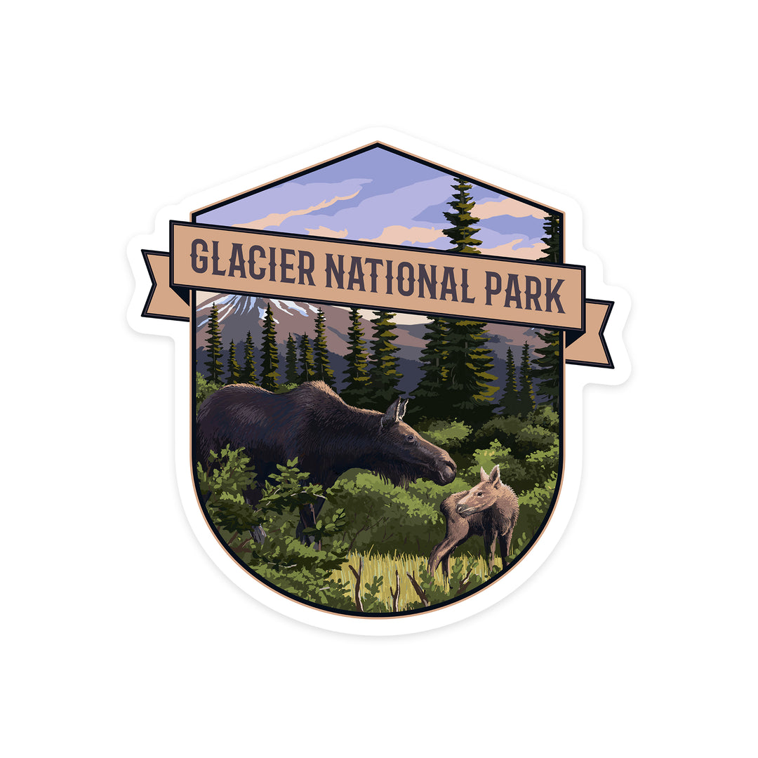 Glacier National Park, Montana, Moose and Calf, Contour, Lantern Press Artwork, Vinyl Sticker