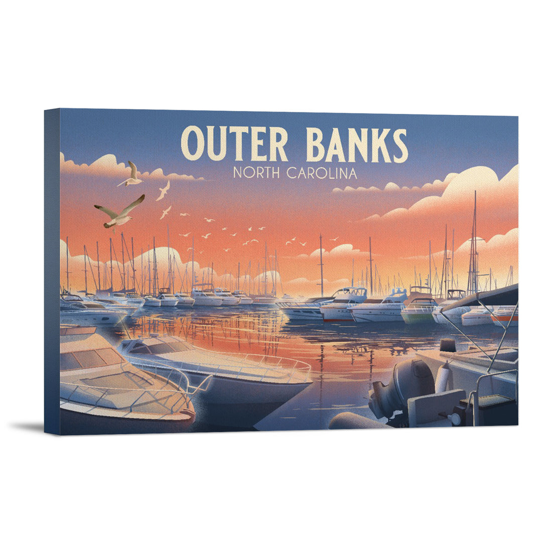 Outer Banks, North Carolina, Lithograph, Home Sweet Harbor, Boats in Marina, Stretched Canvas
