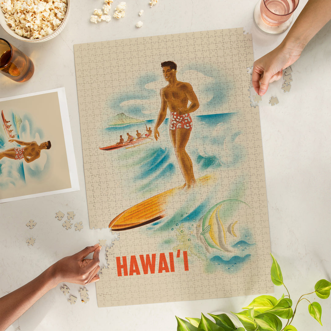 Hawaii, Vintage Surfer, Jigsaw Puzzle