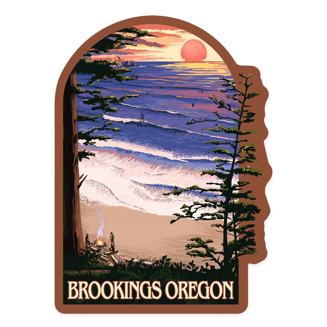 Brookings, Oregon, Sunset Surfers, Contour, Vinyl Sticker