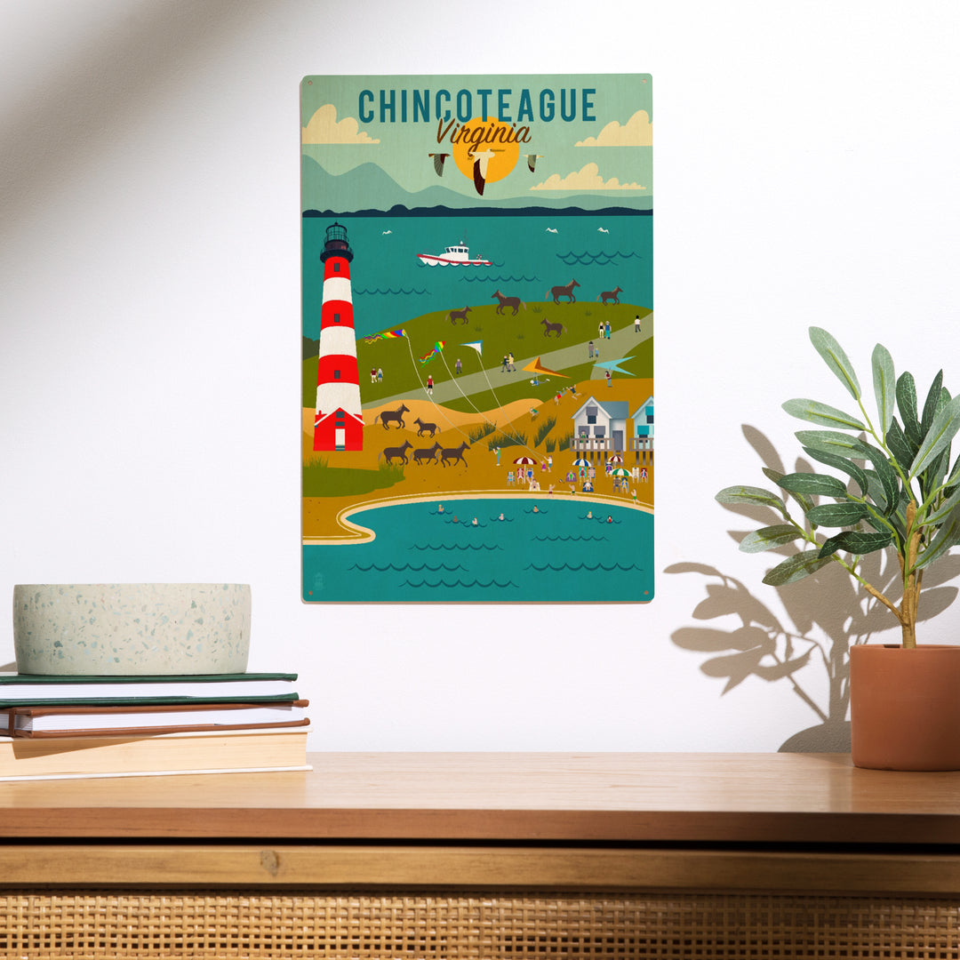 Chinconteague, Virginia, Geometric, Beach, Ocean, and Lighthouse, Wood Sign and Postcards