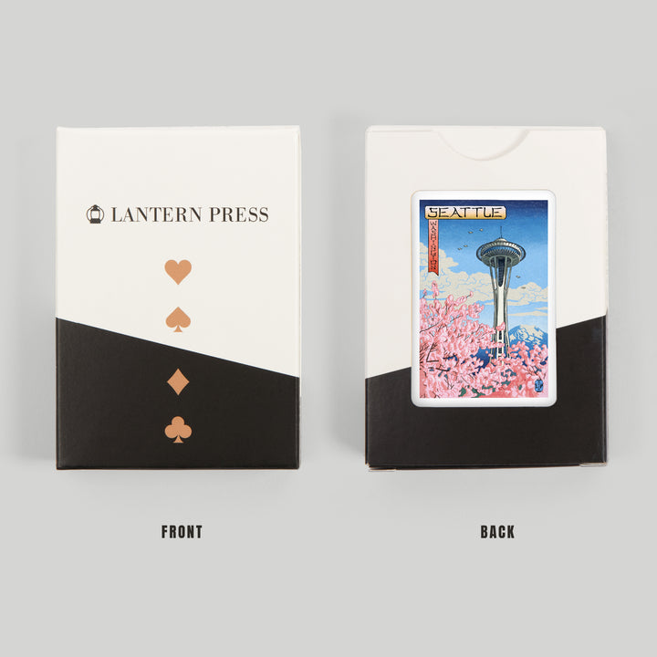 Playing Cards, Space Needle, Cherry Blossoms Woodblock, Seattle, Washington, 52 Card Deck with Jokers in Box, Unique Art
