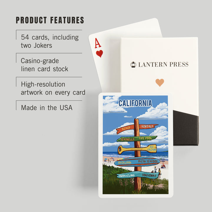 Playing Cards, California, Signpost, Coast Beach with Umbrellas, 52 Card Deck with Jokers in Box, Unique Art
