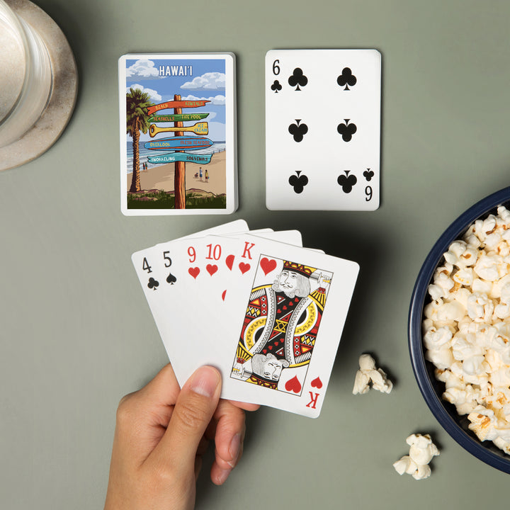 Playing Cards, Hawaii, Signpost, Coast Beach with Palms, 52 Card Deck with Jokers in Box, Unique Art