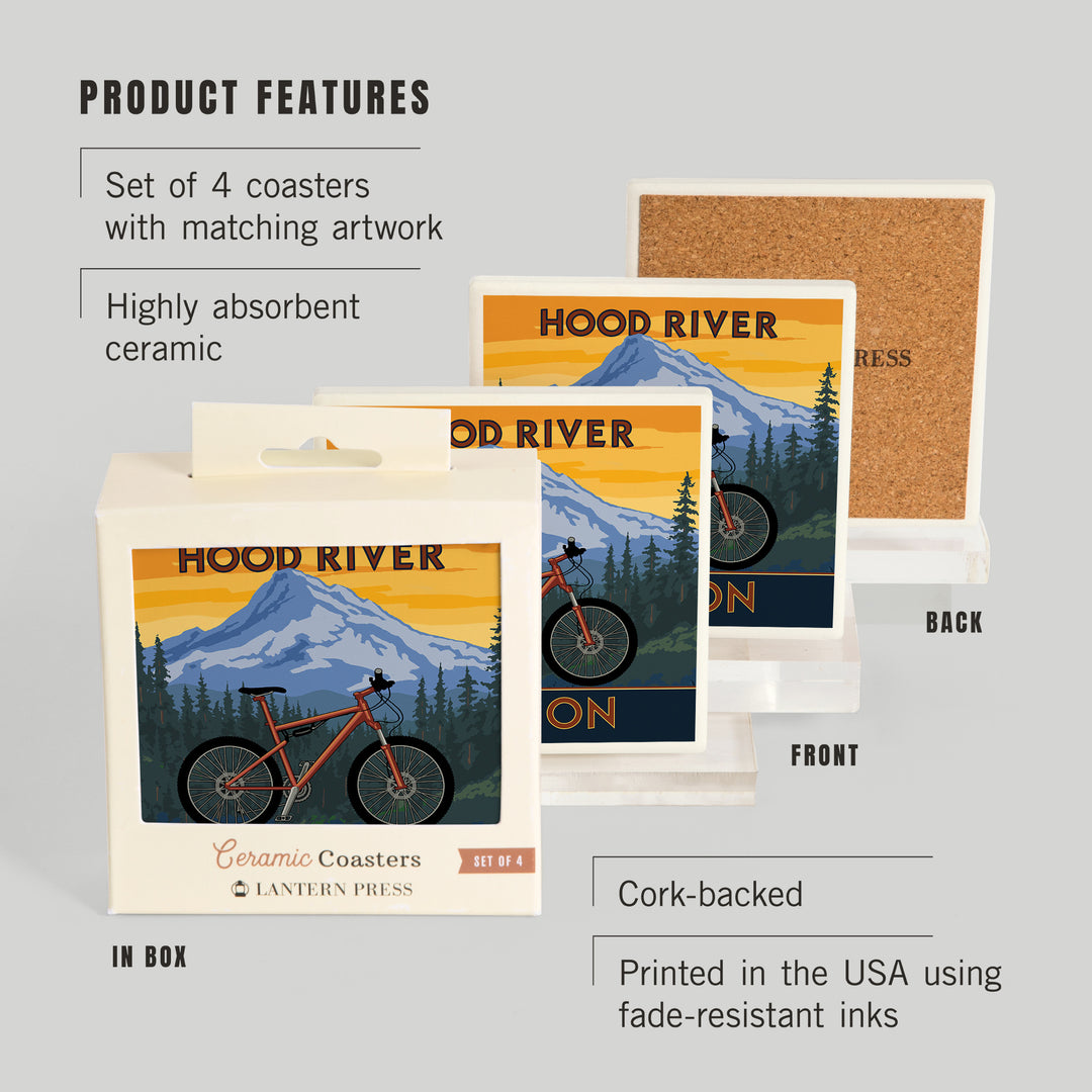 Hood River, Oregon, Mountain Bike Scene, Coaster Set - Lantern Press