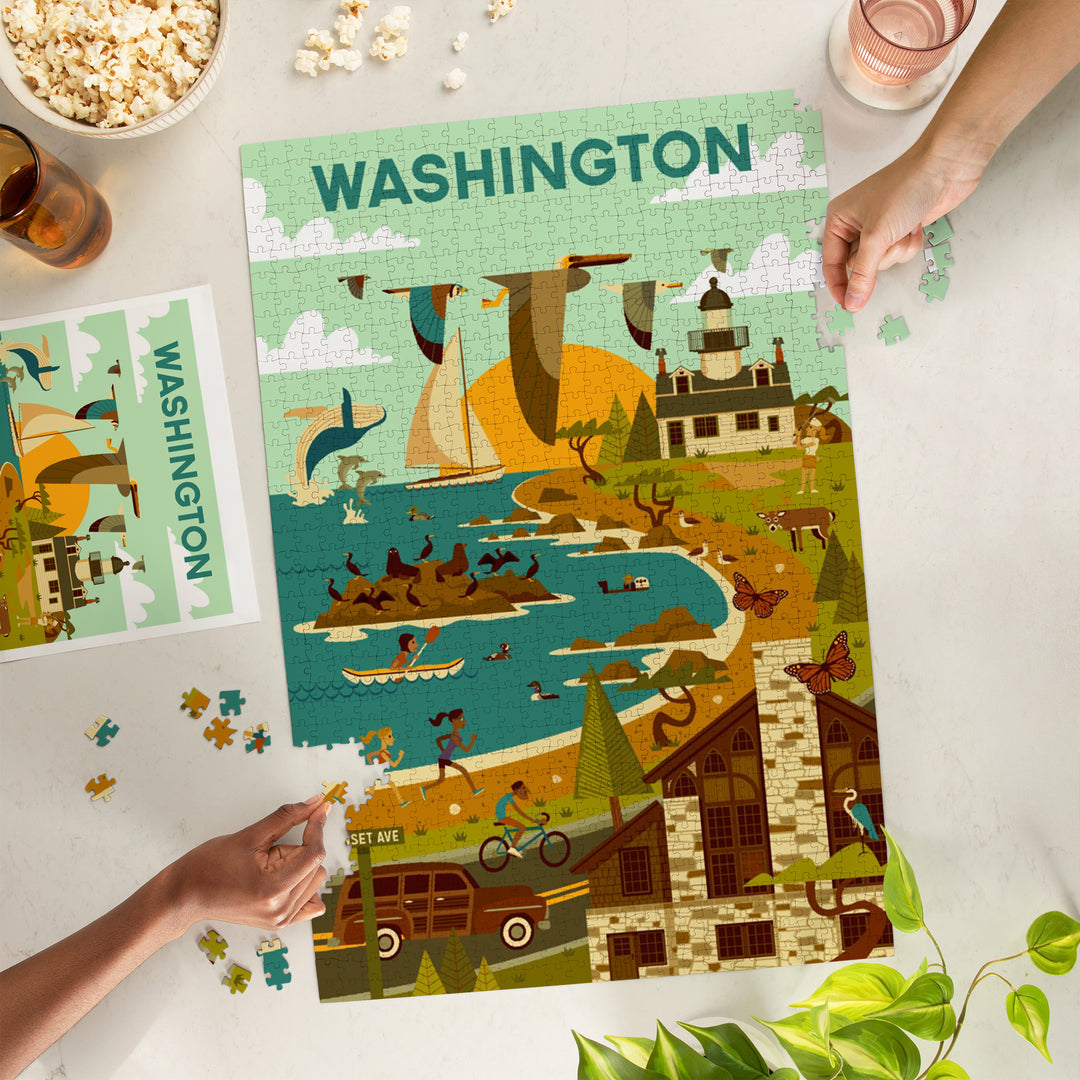 Washington Wildlife, Lighthouse and Coastal Life Illustration, 1000 Piece Jigsaw Puzzle