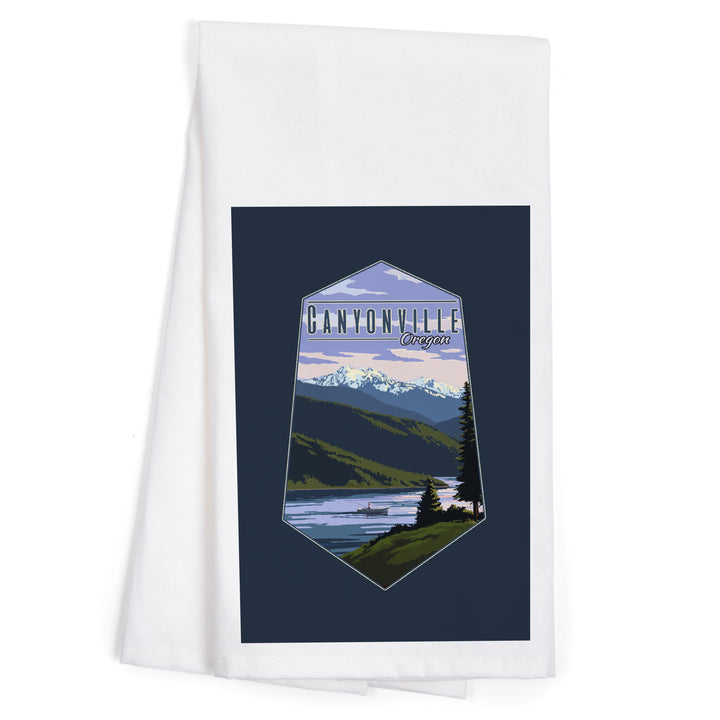 Canyonville, Oregon, Fisherman and Mountains, Contour, Organic Cotton Kitchen Tea Towels