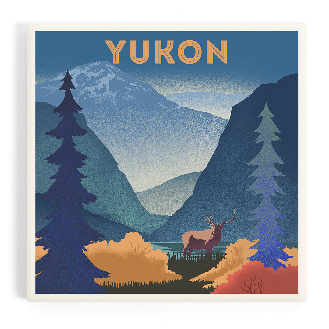 Yukon, Lithograph, Elk and Mountains Scene, Coasters