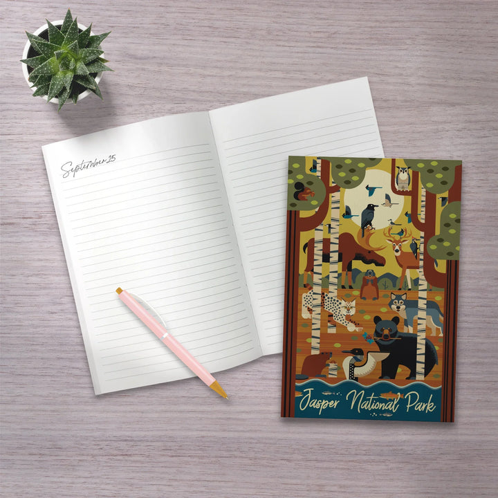 Lined 6x9 Journal, Jasper National Park, Canada, Forest Animals, Geometric, Lay Flat, 193 Pages, FSC paper
